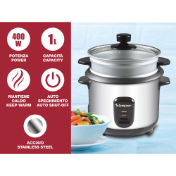 Beper 90.550 Rice Cooker, 400W, 1 L, Up to 625 g of rice, Keep Warm, Stainless Steel