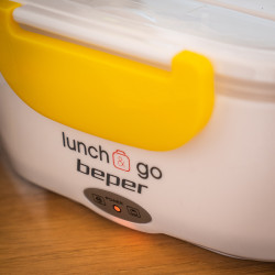 Beper 90.920G Electric Lunch Box, 40W, 1 L, Up to 60°C, 2 Removable Compartments, Indicator Light, White/Yellow