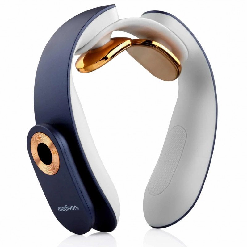 Medivon Ultra EMS Neck Massager, Electrical Muscle Stimulation, 3D Adjustment, 4 Modes, Remote Control, Heating, Timer, White/Blue