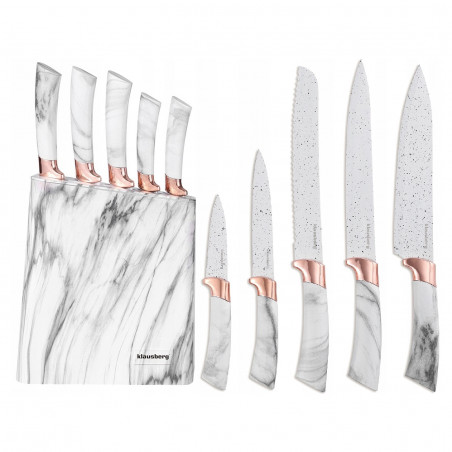 Set cutite cu suport Klausberg KB 7769, 6 piese, Manere ergonomice, Otel inoxidabil, Marmura alba