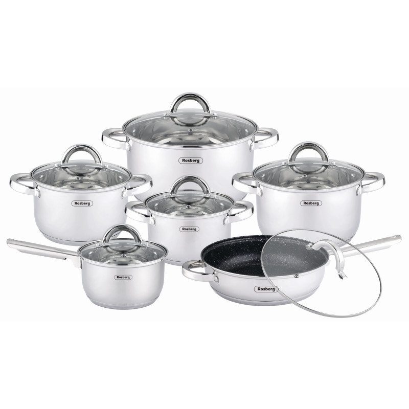 Rosberg R51210L12 Cookware Set, 12 pieces, Multi-layer base, 2.0/6.5 liters, Induction-compatible, Stainless steel