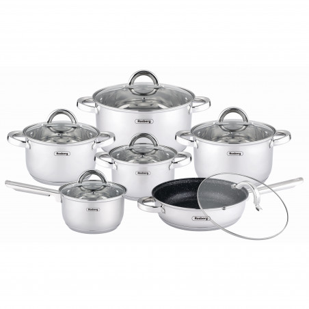 Rosberg R51210L12 Cookware Set, 12 pieces, Multi-layer base, 2.0/6.5 liters, Induction-compatible, Stainless steel