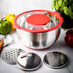 Kinghoff KH 1889 multifunkciós salátástál, 24 cm, 5 l, 3 reszelő, csúszásmentes, Inox/piros