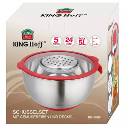 Kinghoff KH 1889 multifunkciós salátástál, 24 cm, 5 l, 3 reszelő, csúszásmentes, Inox/piros