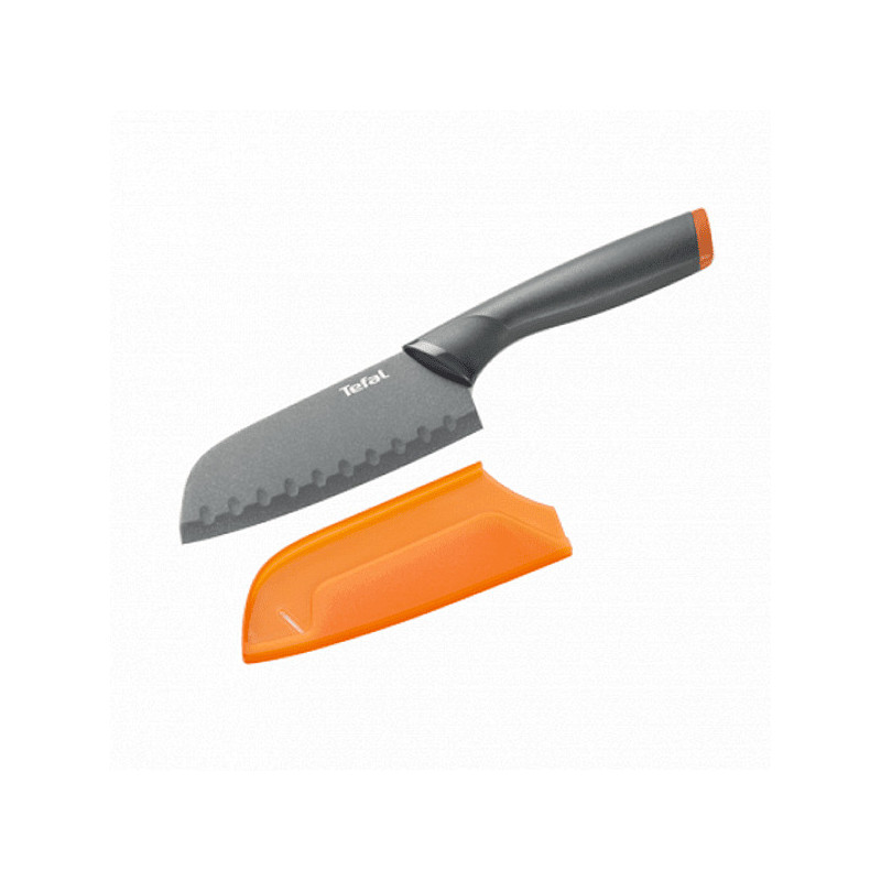 Cutit SantokuTefal Fresh Kitchen K1220104, 12 cm, Acoperit cu titan, Protectie lama, Maner ergonomic, Gri