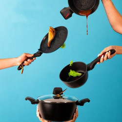 Royalty Line RL-FSC28 Deep Frying Pan, 28 cm, 4.5 L, Glass Lid, Marble Finish, Induction Compatible, Black