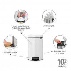Brabantia NewIcon 649032 Pedal Bin, 12 L, Soft-Close, Non-Slip Base, Metal Inner Bucket, White