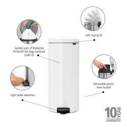 Brabantia NewIcon 649049 Pedal Bin, 30 L, Soft-Close, Non-Slip Base, White
