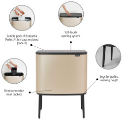 Copentru gunoi colectare selectivă Brabantia Bo Touch 1003216, 3x11 L, Deschidere lina si silentioasa, Deschidere mare, Auriu metalic