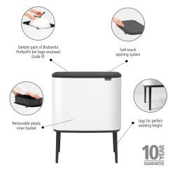 Brabantia Bo Touch 651102 Trash Can, 36 L, Smooth and Silent Opening, Large Opening, White