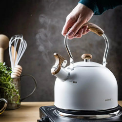 Τσαγιέρα με σφυρίχτρα Kinghoff KH 1860, 2.5 l, Επαγωγή, Ξύλινη λαβή, Λευκό