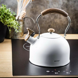 Τσαγιέρα με σφυρίχτρα Kinghoff KH 1860, 2.5 l, Επαγωγή, Ξύλινη λαβή, Λευκό
