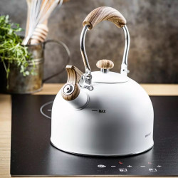 Τσαγιέρα με σφυρίχτρα Kinghoff KH 1860, 2.5 l, Επαγωγή, Ξύλινη λαβή, Λευκό