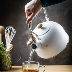 Τσαγιέρα με σφυρίχτρα Kinghoff KH 1860, 2.5 l, Επαγωγή, Ξύλινη λαβή, Λευκό