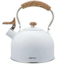 Ceainic cu fluier Kinghoff KH 1860, 2.5 l, Inductie, Maner din lemn, Alb