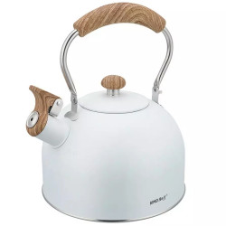 Ceainic cu fluier Kinghoff KH 1860, 2.5 l, Inductie, Maner din lemn, Alb