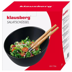 Klausberg KB 7786 Salad Bowl and 2-Piece Salad Server Set, Ceramic, Stainless Steel, Black