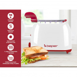 Beper P101TOS100 Toaster, 2-slice, 7 settings, 2 clips, Removable crumb tray, White/Red