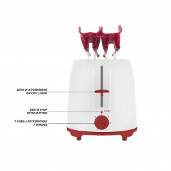 Prajitor de paine Beper P101TOS100, 2 felii, 7 trepte, 2 suporturi felii, Tava firimituri detasabila, Alb/Rosu
