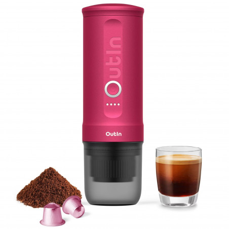 Espressor portabil Outin Nano Crimson Red, 12/24 V, 7500mAh, 20bar, 80 ml, Incarcare USB, Cafea macinata si capsule, Rosu