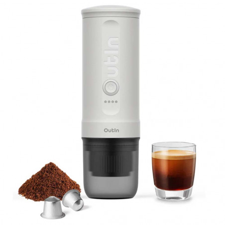 Outin Nano Pearl White Portable Espresso Machine, 12/24 V, 7500 mAh, 20 bar, 80 ml, USB charging, Ground coffee + capsules, White