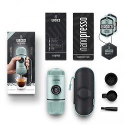 Espressor portabil Wacaco Nanopresso Arctic Blue, 18bar, 80 ml, Cafea macinata, Fara incarcare sau baterii, Husa, Arctic Blue