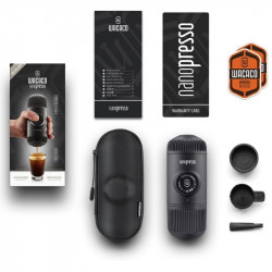 Hordozható eszpresszógép Wacaco Nanopresso Black, 18bar, 80 ml, őrölt kávéhoz, Nincs szükség töltésre és akkumulátorra, tok, fekete, fekete