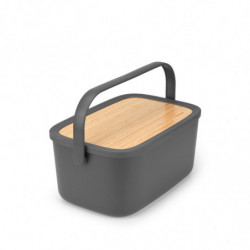 Brabantia Nic Bread Box 1003255, 39.5 cm, Bamboo Lid, Carrying Handle, Dark Gray