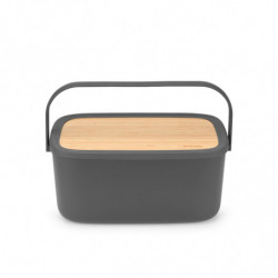 Brabantia Nic Bread Box 1003255, 39.5 cm, Bamboo Lid, Carrying Handle, Dark Gray