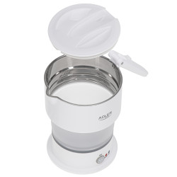 Fierbator pentru calatorii Adler AD 1377, 600W, 0.6 L, Corp din silicon pliabil, Protectie la supraincalzire, Indicator luminos, Alb
