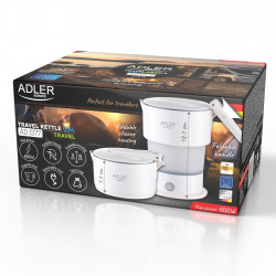 Fierbator pentru calatorii Adler AD 1377, 600W, 0.6 L, Corp din silicon pliabil, Protectie la supraincalzire, Indicator luminos, Alb