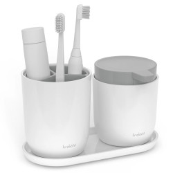 Поставка за четки и дозатор за сапун Trebonn 3025140, Разглобяеми, Гумени крачета, Бял/сив