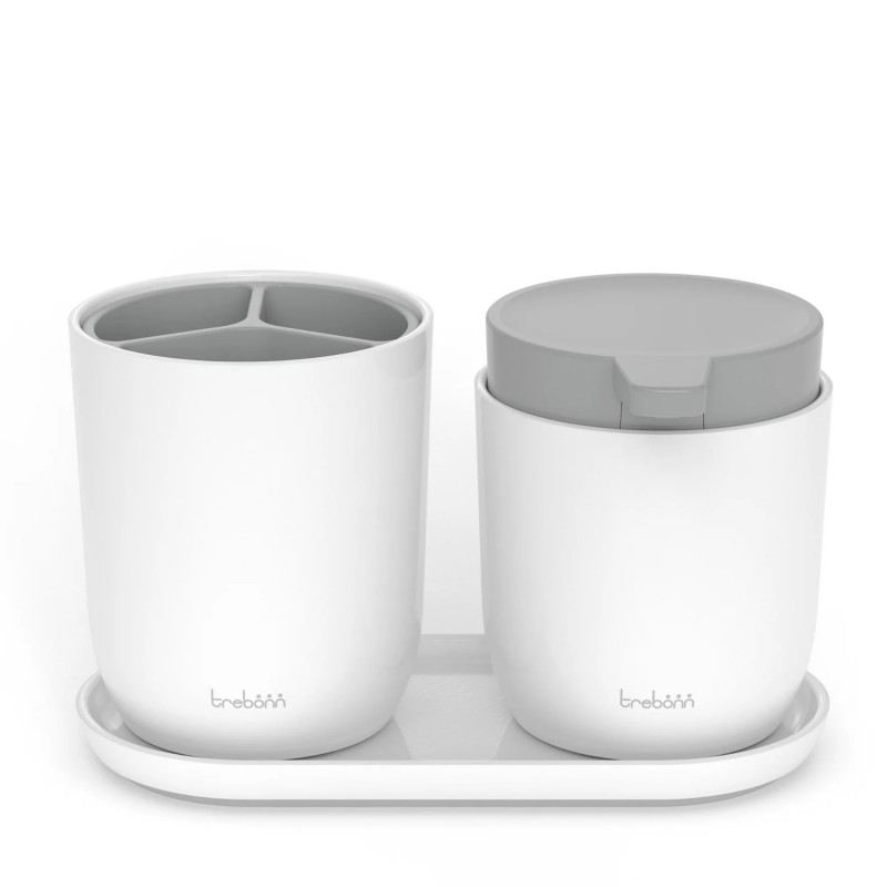 Поставка за четки и дозатор за сапун Trebonn 3025140, Разглобяеми, Гумени крачета, Бял/сив