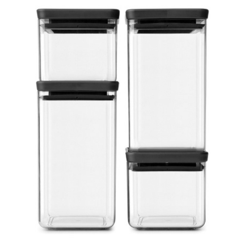 Set 4 borcane Brabantia Tasty+ 1001174, 700/1.6l, Stivuibile, Transparent/Gri inchis