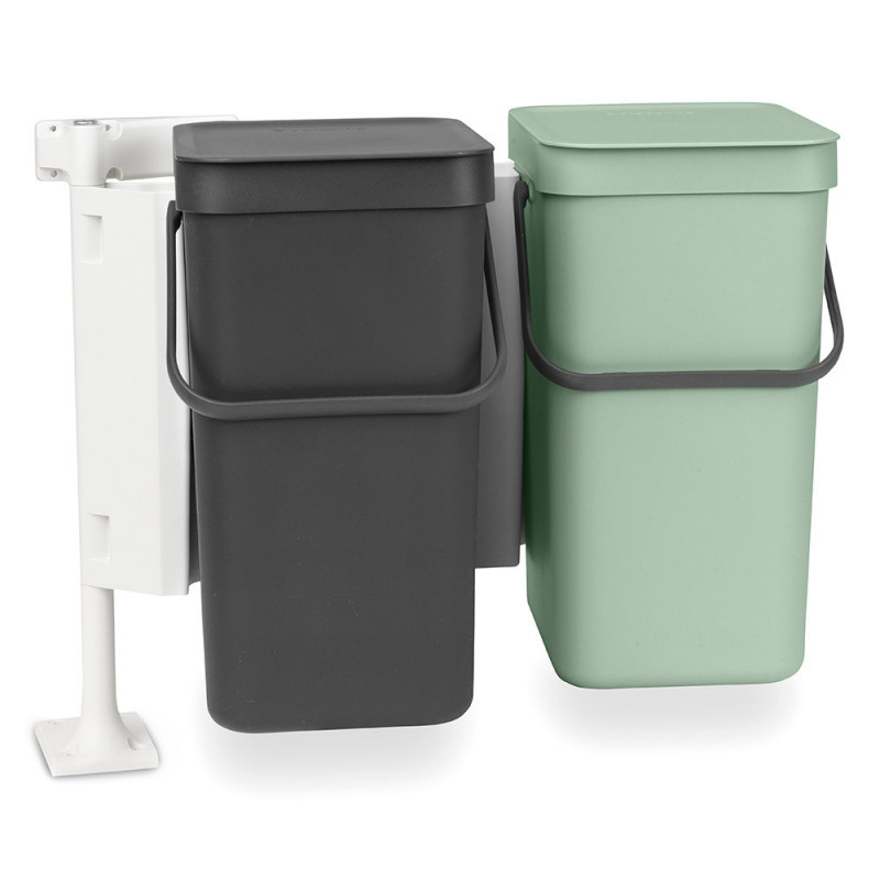 Brabantia Sort&Go 1005513 Recycling Bin, 2x12 L, Mounts on a kitchen cabinet door, Gray/Green