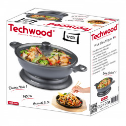 Techwood TWF-306 Electric Wok Pan, 1400W, 3.6 L, 32 x 8 cm, Glass Lid, Thermostat, Non-stick Coating, Gray