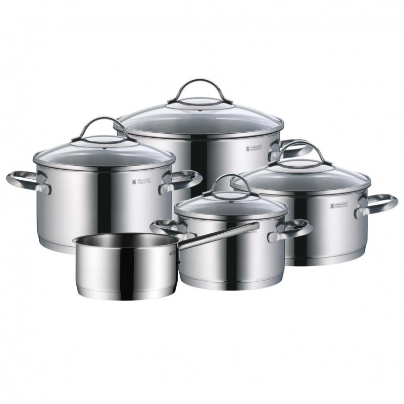 Σετ κατσαρόλες WMF Provence Plus 5, 9 μέρη, Ανοξείδωτο ατσάλι 18/10, Πάτος TransTherm πολλαπλών στρώσεων, Επαγωγή, Ασημί