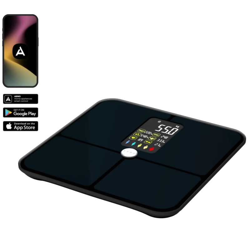AENO ABS0002S Smart Scale, Up to 180 kg, 11 profiles, 16 metrics, BMI, LED, Tempered ITO glass, Black