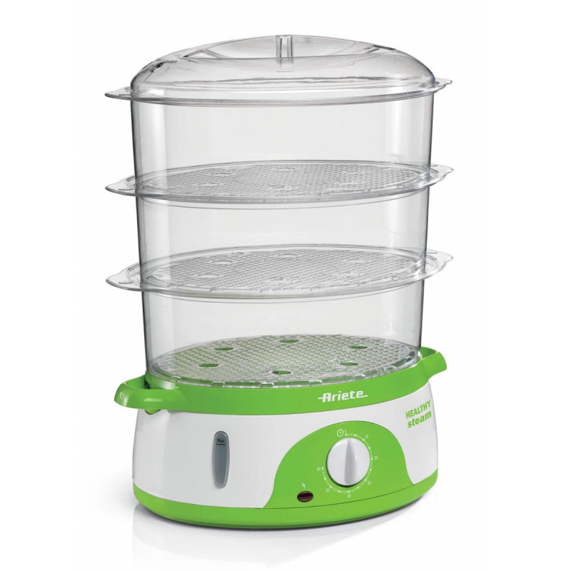 Aparat gatire la aburi Ariete HEALTHY STEAM 0911/01, 800W, 9 L, 3 recipiente, Timer, Alb/Verde