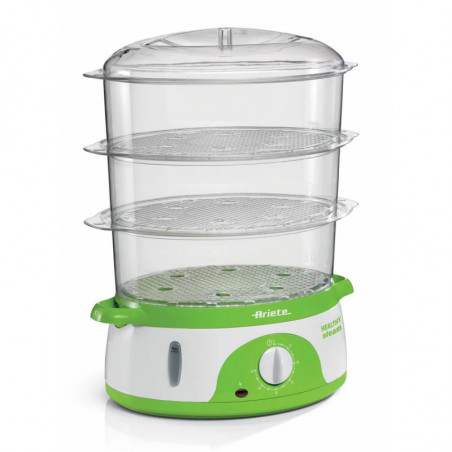 Aparat gatire la aburi Ariete HEALTHY STEAM 0911/01, 800W, 9 L, 3 recipiente, Timer, Alb/Verde