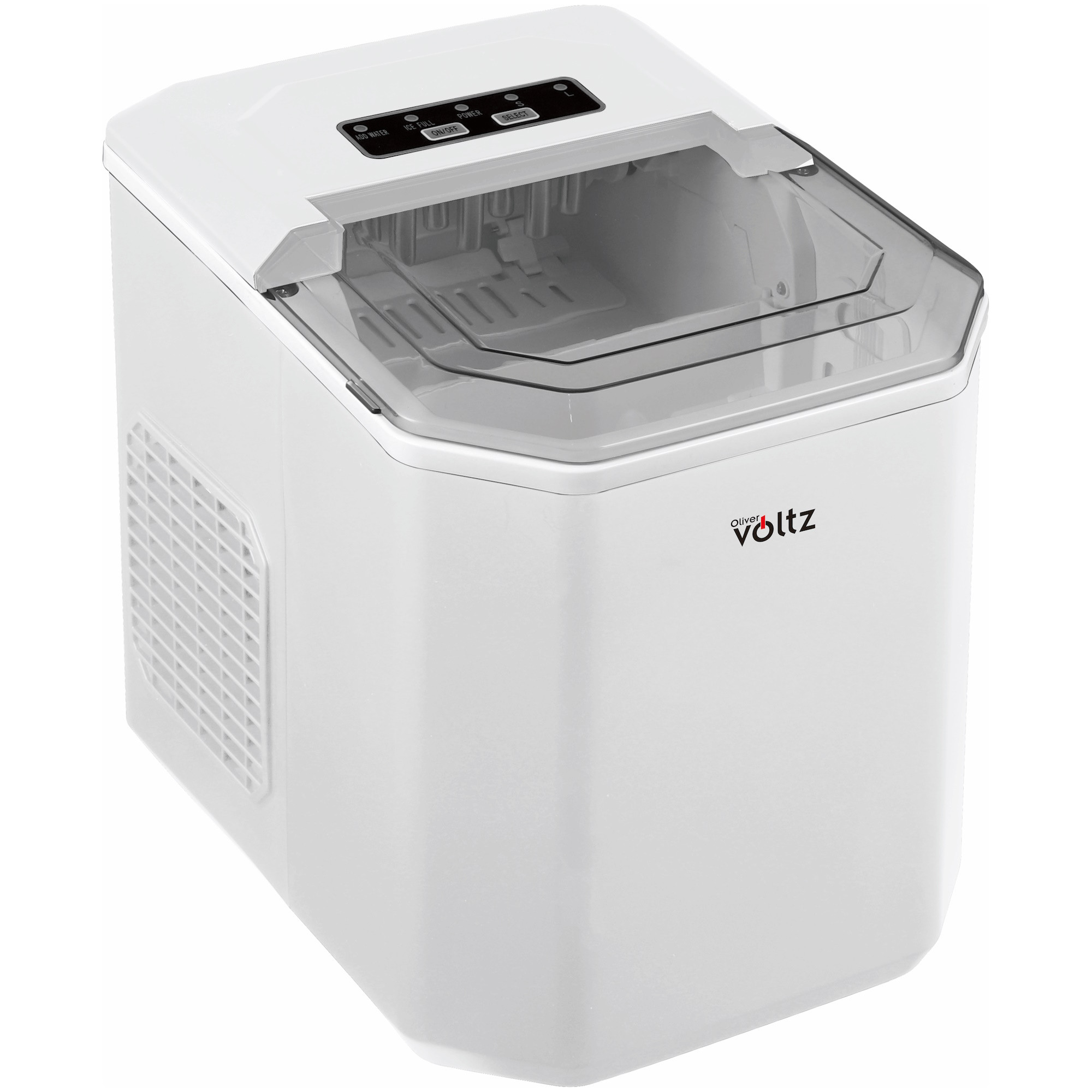 Ледогенератор Oliver Voltz OV51447B, 120W, 12 кг/24 часа, 1.3 л, 9 кубчета за цикъл работа, Индикатор за лед и вода, Бял