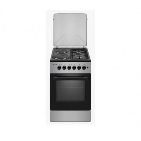 Aragaz combinat electric si pe gaz Elite FSEGC-0569BG, 1500W, 70L, Ventilator, Usa dubla din sticla, Aprindere automata, Negru/Gri