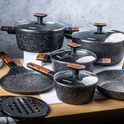 Комплект тенджери и тигани Klausberg KB 7831, 12 ч, Отливка, Мраморно покритие, Индукция, Черен