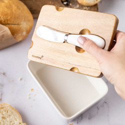 Klausberg KB 7785 Ceramic Oil Dispenser with Knife, Acacia Wood, Stainless Steel, White/Brown