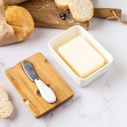 Керамична кутия за масло с нож Klausberg KB 7785, Акациево дърво, Неръждаема стомана, Бял/кафяв