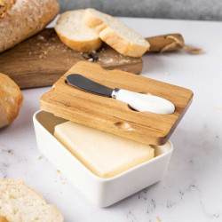 Klausberg KB 7785 Ceramic Oil Dispenser with Knife, Acacia Wood, Stainless Steel, White/Brown