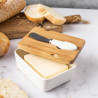 Cutie ceramica si cutit pentru unt Klausberg KB 7785, Capac lemn de salcam, Otel inoxidabil, Alb/Maro