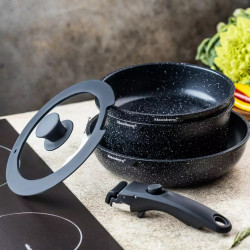 Комплект съдове за готвене Klausberg KB 7858, 5 части, Стъклен капак, Универсална дръжка, Мраморно покритие, Индукция, Черен