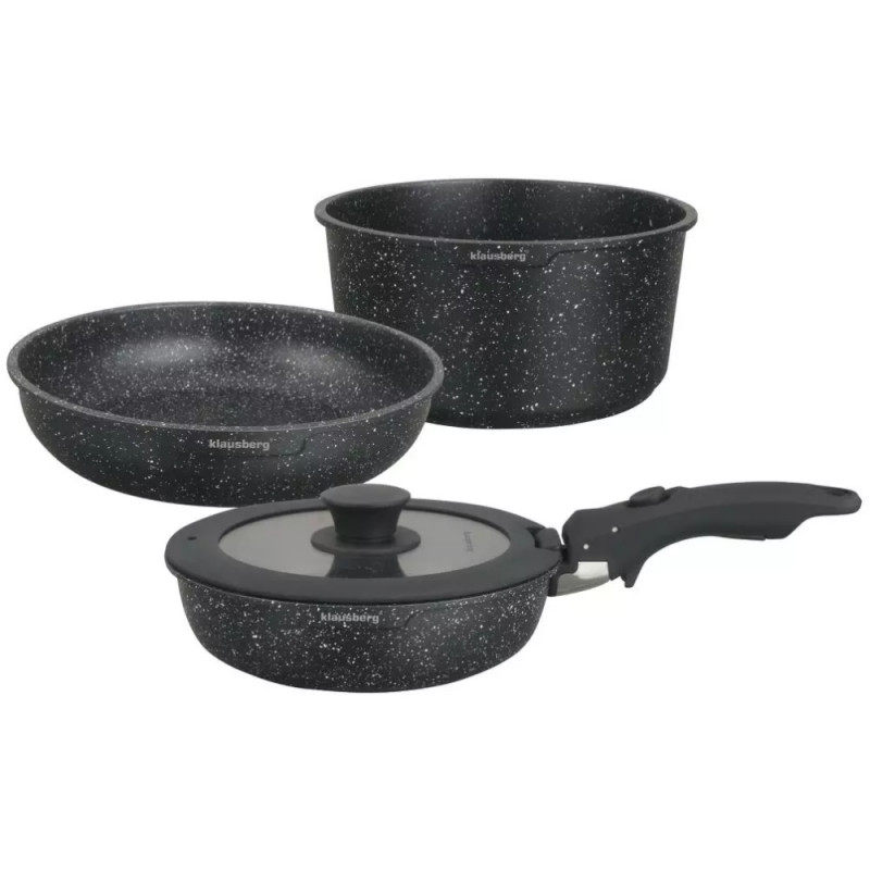 Set cratita si tigai Klausberg KB 7858, 5 piese, Capac din sticla, Maner universal, Finisaj marmura, Inductie, Negru