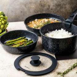 Σετ μαγειρικών σκευών Klausberg KB 7858, 5 τεμάχια, γυάλινο καπάκι, λαβή γενικής χρήσης, Μαρμάρινο φινίρισμα, Επαγωγή, Μαύρο
